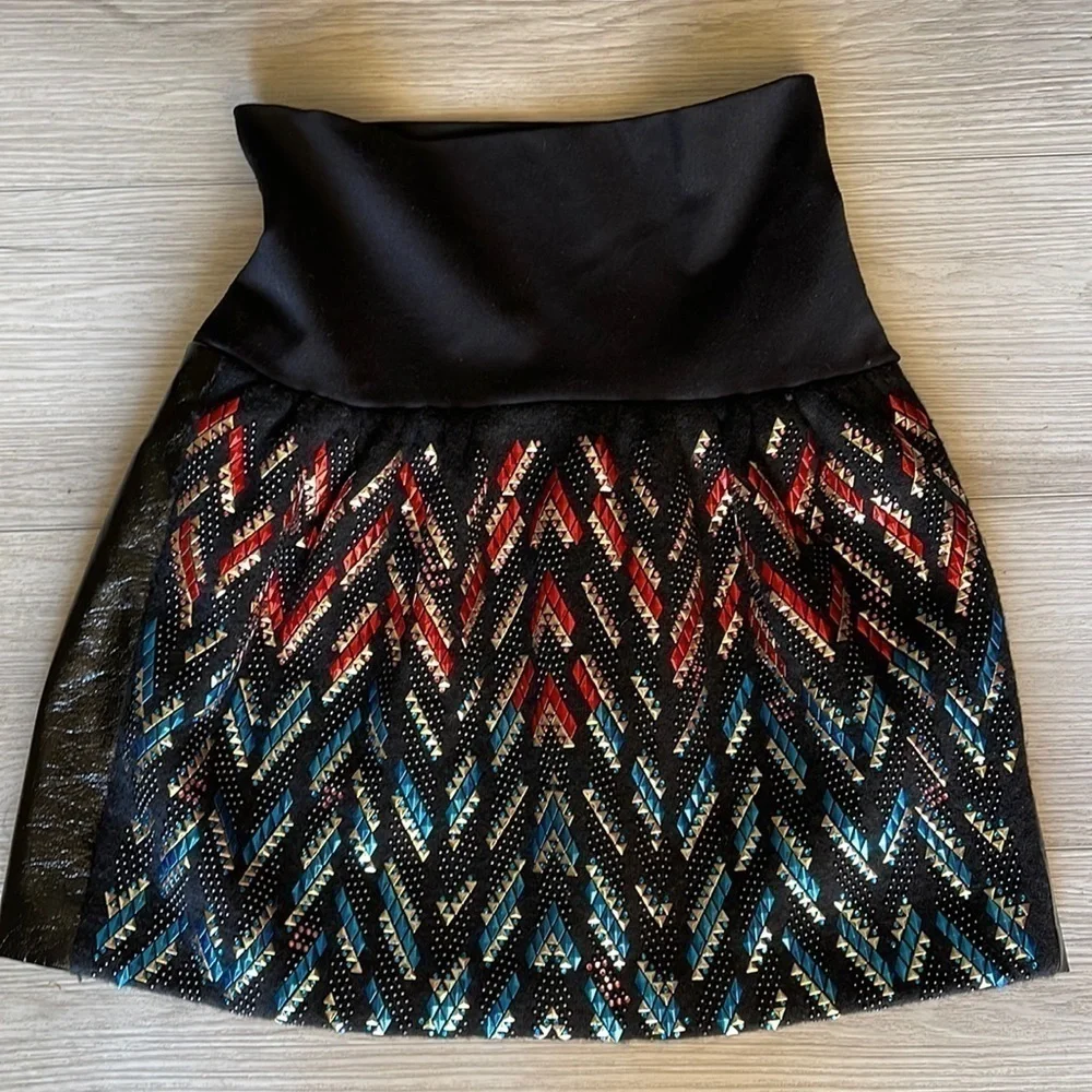 Tsumori Chisato Skirt Sz 2 Studded Black Wool Mohair Vegan Leather Mini Designer